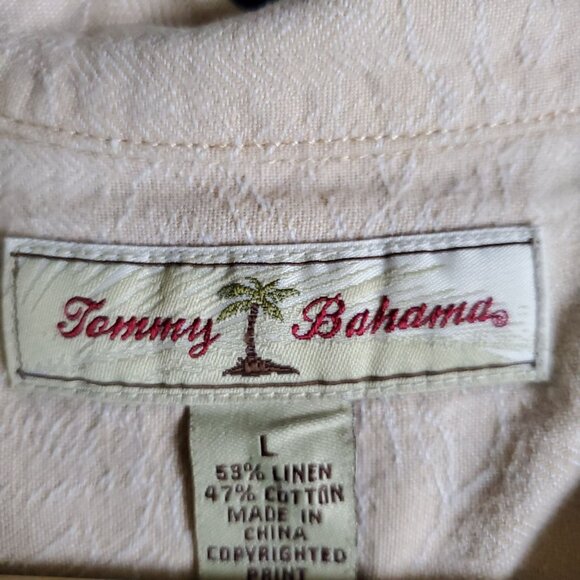 Vtg Tommy Bahama Men L Shirt Linen Hawaiian TikiCream Pocket Matched XtraButtons - Picture 3 of 10